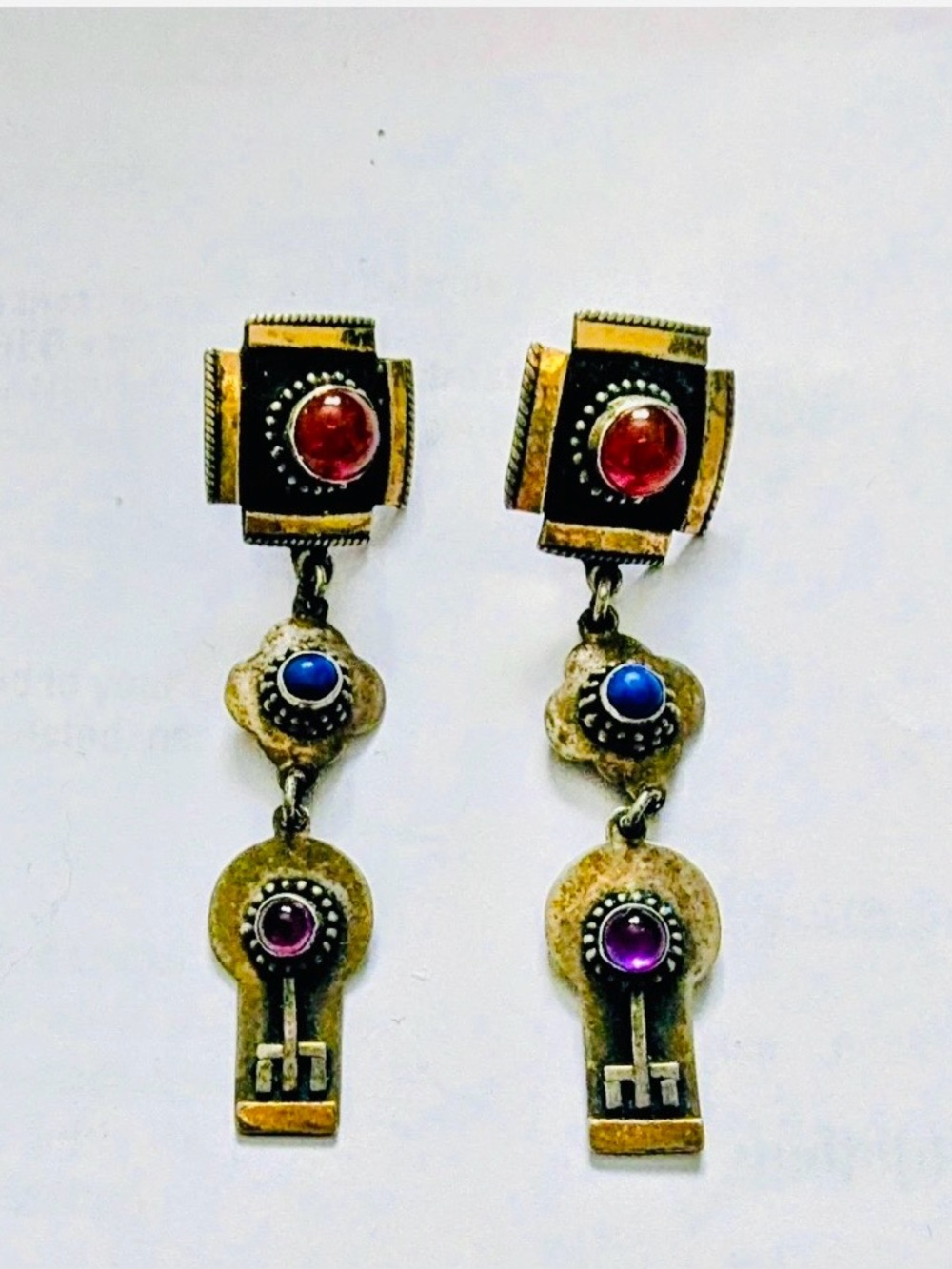 RARE GemstoneCarnelian Lapis Amethyst Vintage Earrings